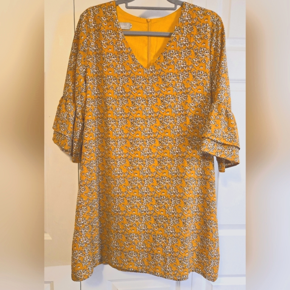 BELINGSCI XL Yellow Floral Print Retro Bell Sleeve Mini Shift Dress
